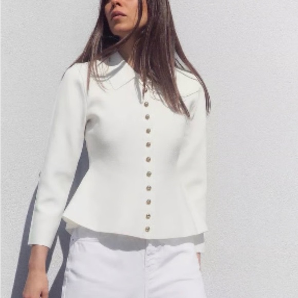 Zara Gold Button White Peplum Cardigan — Size M - NWOT - Picture 2 of 10